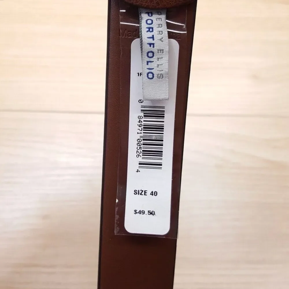 PERRY ELLIS Belt Mens Size 40 Brown Burnished Edge Pebbled Faux Leather